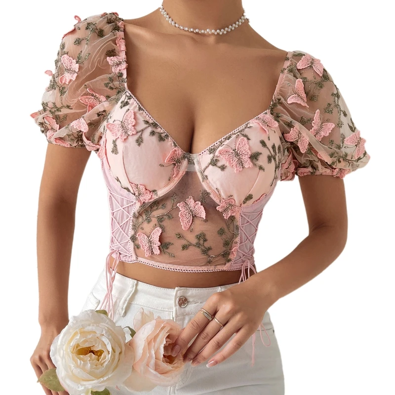 

Women's Lace Up Crop Tops Girl See Through Tee Top Hollow Patchwork Mesh T-shirt