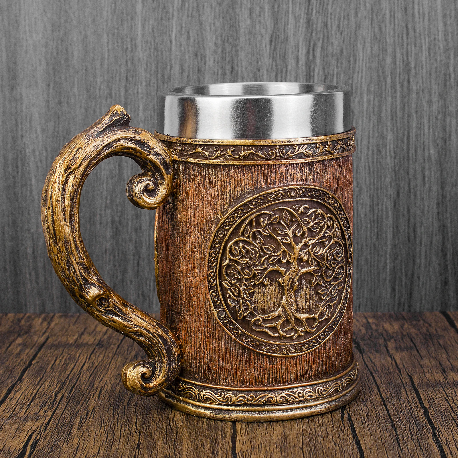 

3D Tree of Life Viking Cup Norse Mythology Oak Barrel Resin Stainless Steel Beer Stein Viking Warrior Tankard Coffee Mug 600ml