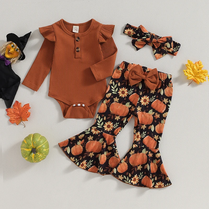 

Baby Girl Fall Outfits Solid Color Rib Knit Long Sleeve Rompers Pumpkin Print Flare Pants Headband 3Pcs Halloween Clothes Set