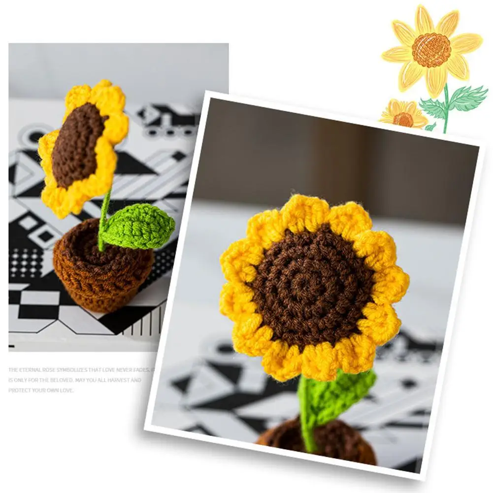 

Hand Knitting Potted Plants Hand-woven Rose Sunflower Tulip Crochet Flower Auto Interior Accessories Car Decoration Ornament