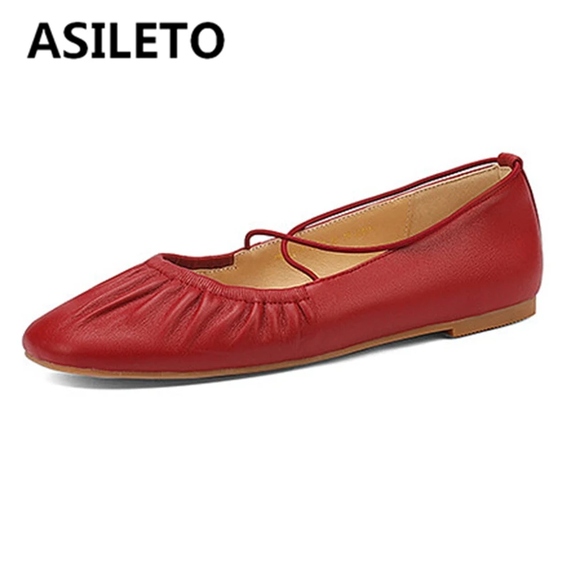 

ASILETO Women Ballet Flats Square Toe Full Grain Leather Pleated Crossed Strap Sweet Large Size 33-40 Beige Khaki Spring S3264