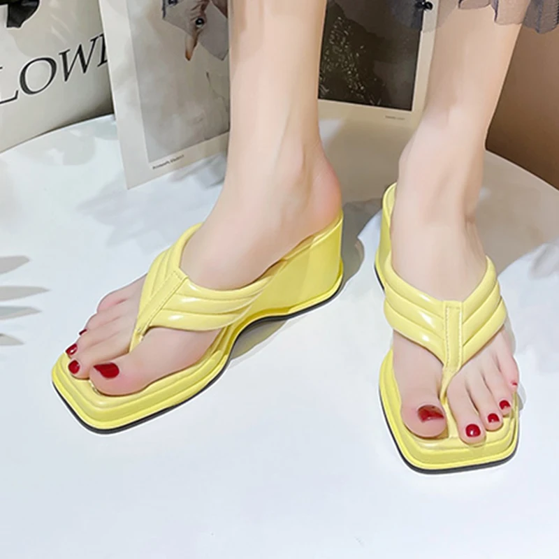 

Sexy Women Square Toe Wedges Sandals Brand Clip Toe Shoes 2022 Summer Designer Beach Dress Sandals Flip Flops Slides Women Shoes