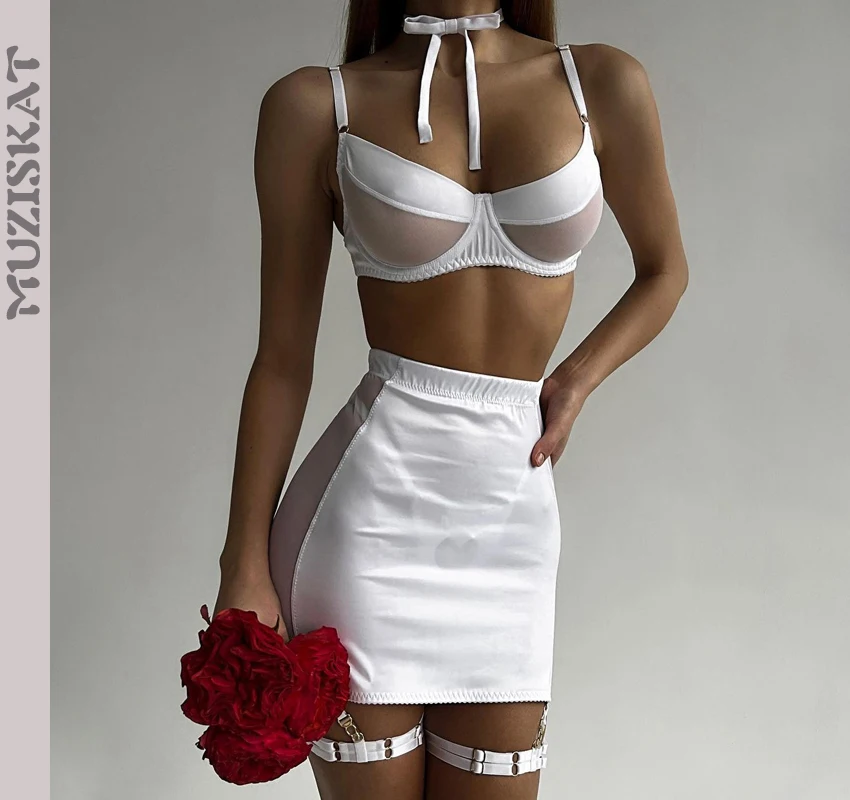 

MUZISKAT Women's See Through Mesh Splicing Milk Silk Sexy Underwear Set
