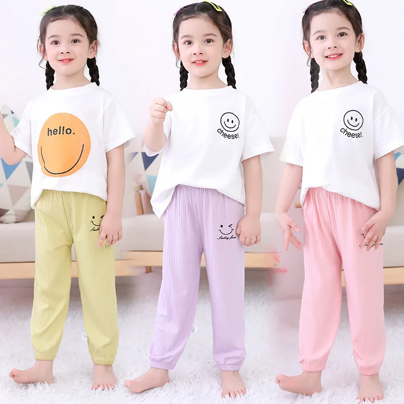 

Children Summer New Plain Ice Silk Child Smiling Face Printed Trousers