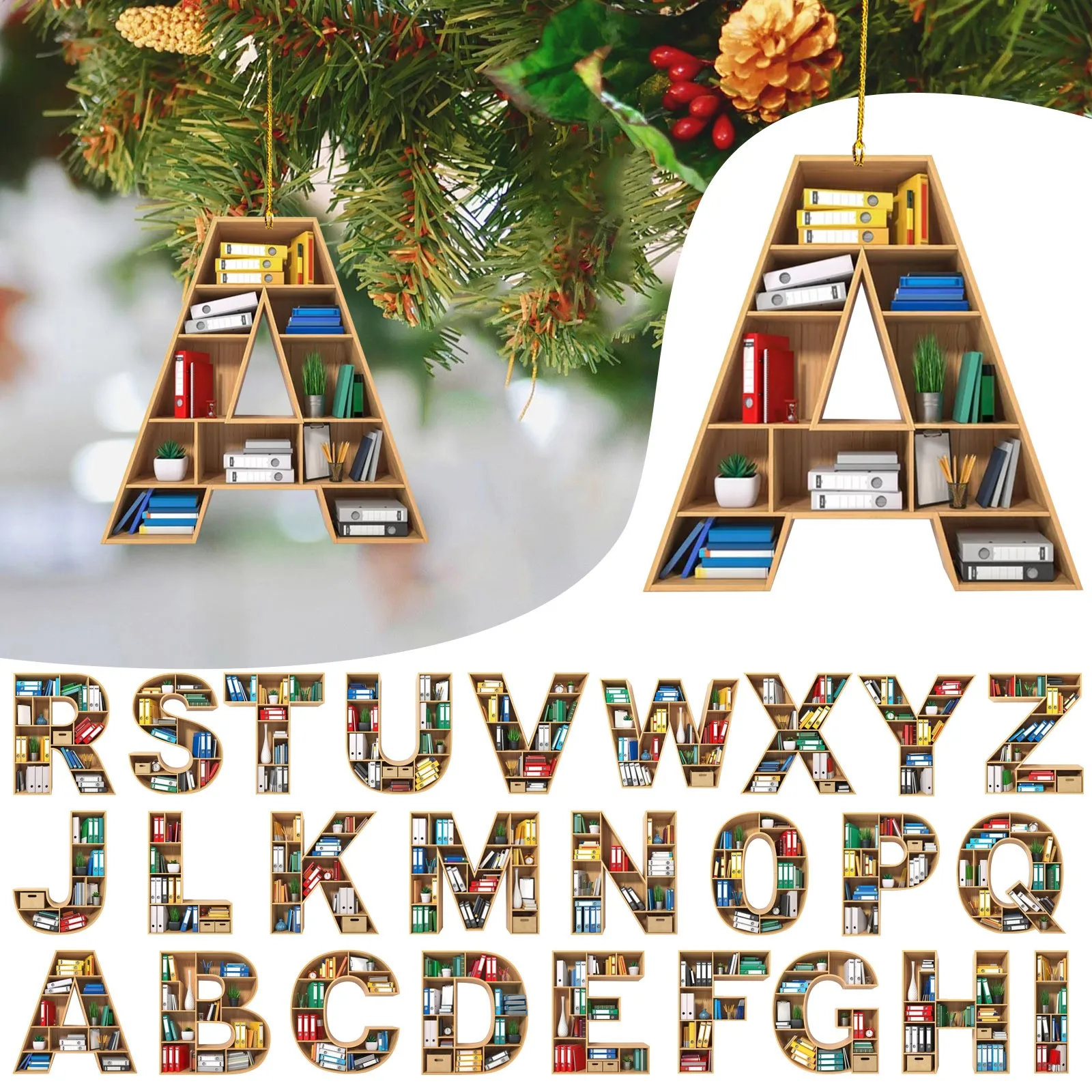 

A-Z Bookshelf Hanging Decor Book Lover Ornament Christmas Tree Pendant Gifts Christmas Decorations 2023 Decor New Year 2024