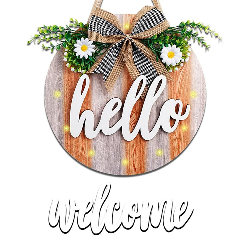 

Hello Welcome Sign Front Door Porch Decor With 12LED Light, Interchangeable Rustic Wood Wall Hanging Porch Decorations