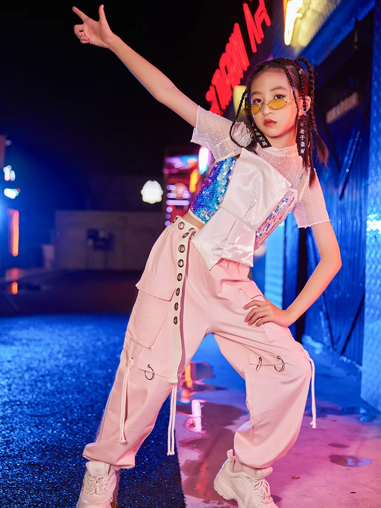 

Summer Streer Dance Wear Girls Catwalk Show Outfit Mesh Tops Sequins Vest Pink Overalls Jazz Dancing Performance Costume
