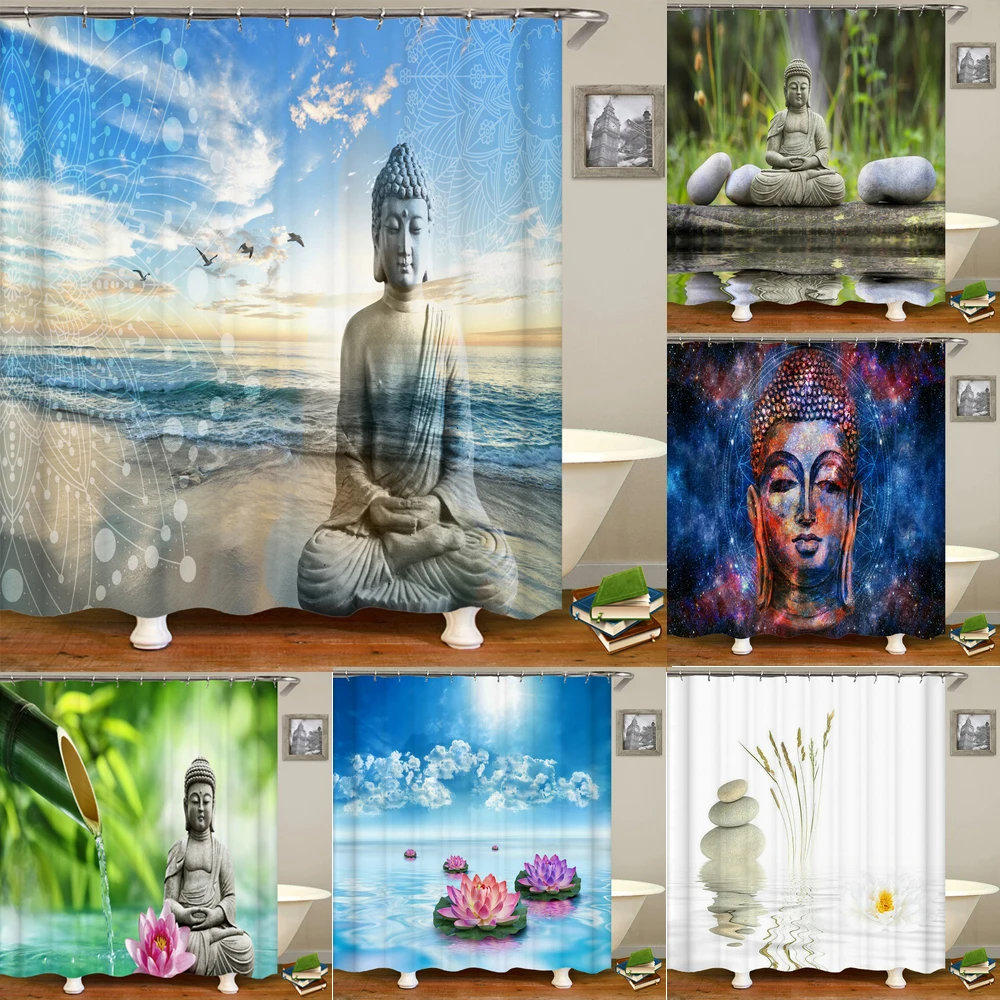 

Buddha Shower Curtains Waterproof Polyester Fabric Bathroom Curtain with 12 Hooks Shower Curtain for Bathtub Screen Home Decor