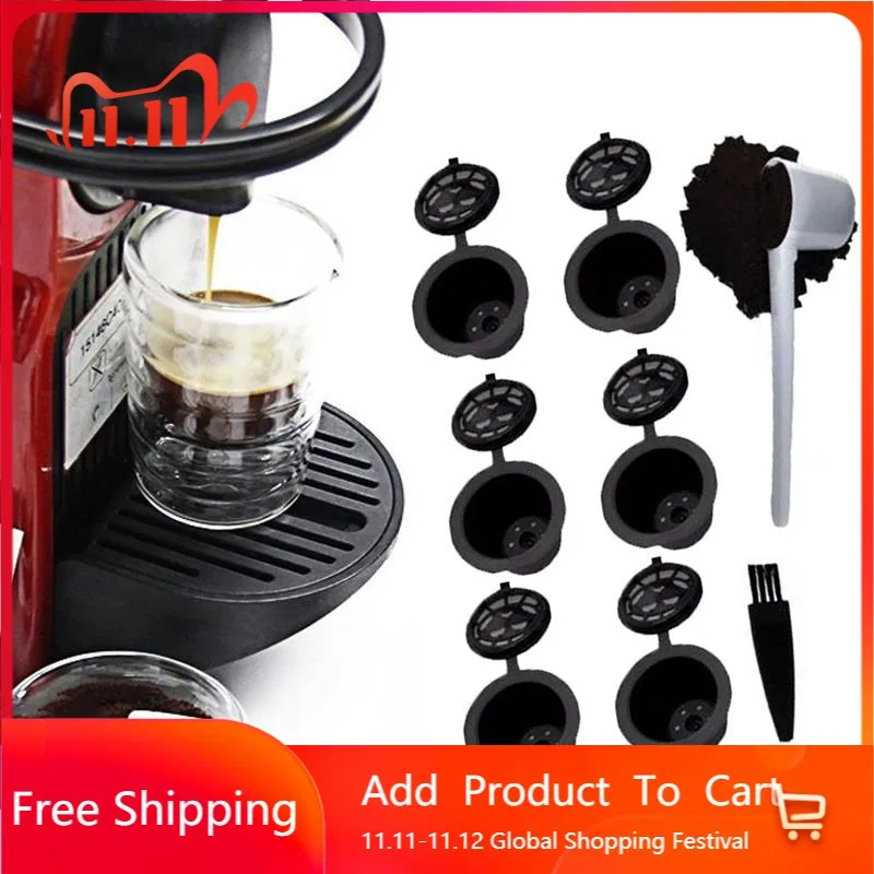 

6 шт. многоразовая перезаправляемая кофейная капсула Pods + 1x ложка + 1x щетка для Nespresso Essenza U молоко Citiz Gran mavasta Concept Pixe