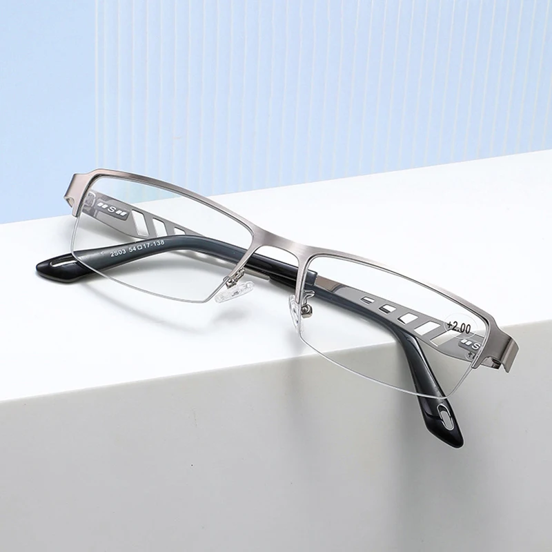 Модные мужские очки для чтения в полуоправе с металлическим рисунком Bluelight Cut Reader