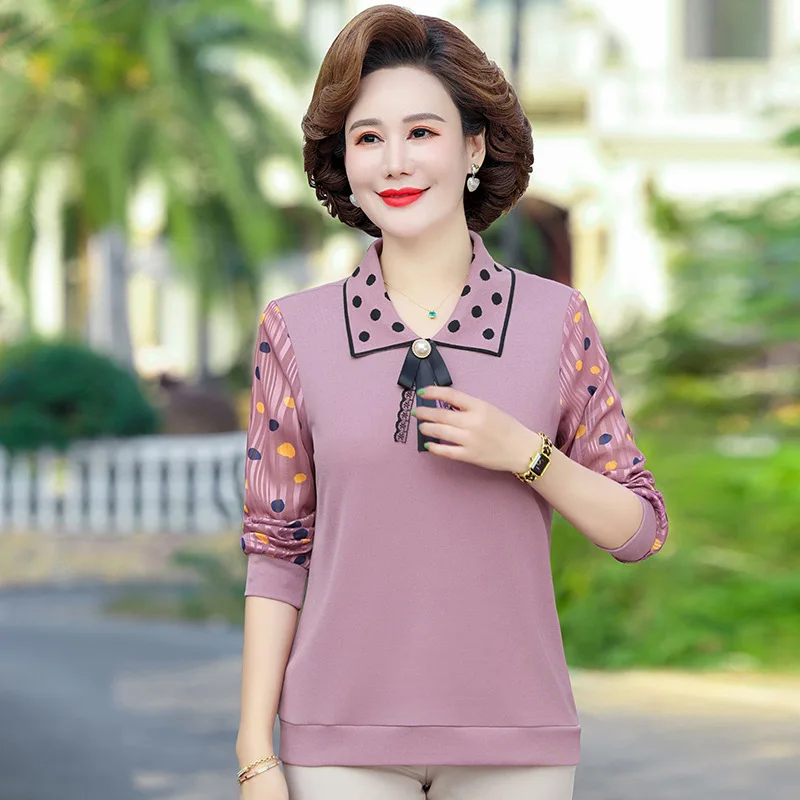

2023 Spring Elegant Woman Clothing Long Sleeved Turndown Collar Bottoming Shirt Middle-Aged Mother Pullover T-Shirt X251