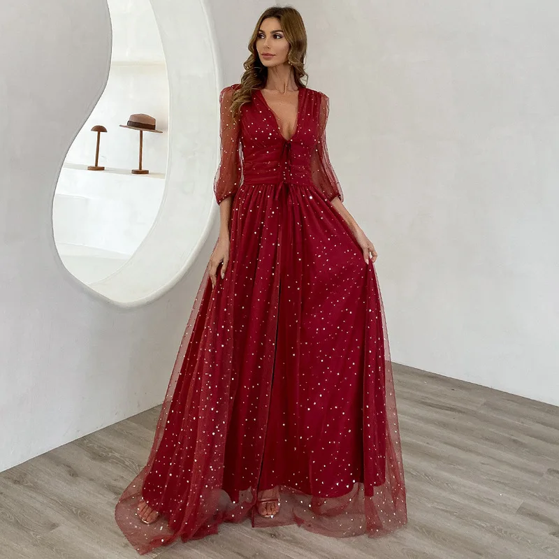 Red Tulle Long Party Dress V-Neck Pleat Split Puffy Sleeves Formal Gown Half Sleeves Women Dress 2022 Fashion Dresses