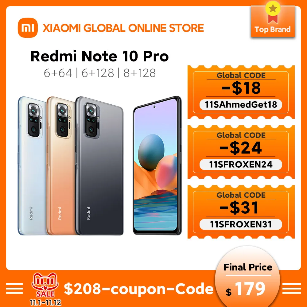 

Redmi Note 10 Pro Global Version 6+64/128 8+128 Xiaomi Smartphone 108MP Camera Snapdragon 732G 120Hz AMOLED Display NFC