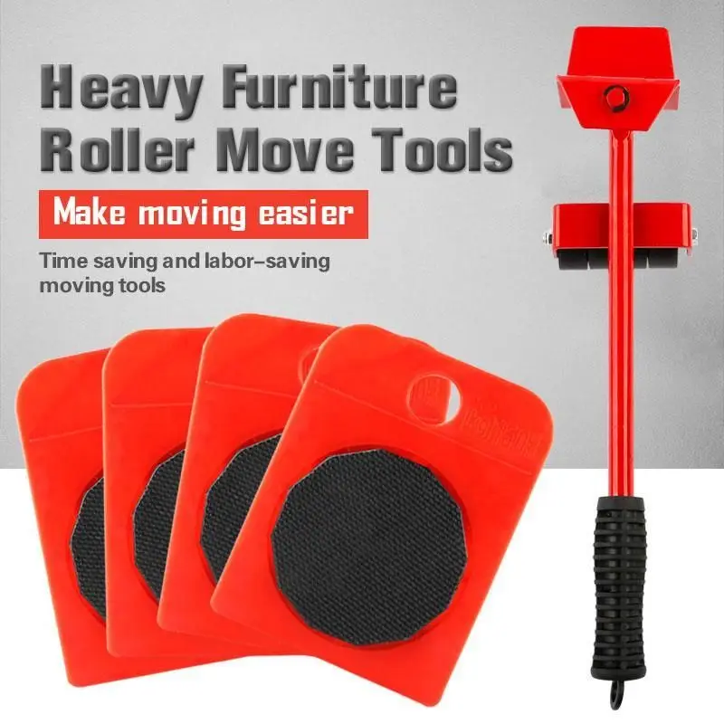 

5pcs Furniture Mover Tool Jack Transport Lifter Heavy Stuffs Professional Roller Move Tool Set Wheel Bar Mover Sliders For 100Kg