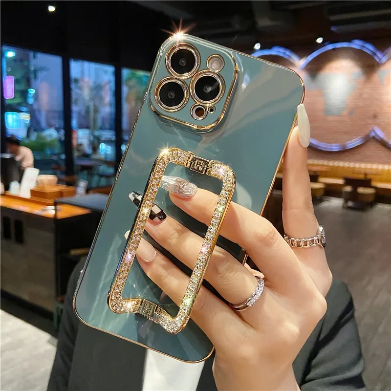 

Korea 3D Crystal Square Holder Gold Plating Phone Case For iphone 14 12 Pro Max MiNi 11 13 Pro X XS XR 6 S 7 8 Plus SE Cover