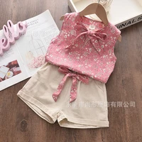 2022 korean version summer girls two piece suit girls sleeveless vest bow shorts middle and small childrens floral suit