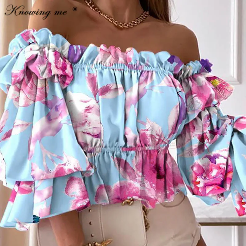 

Женская летняя блузка с открытыми плечами, многослойный элегантный укороченный топ с цветочным принтом и расклешенными рукавами