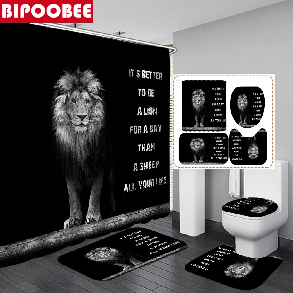 

Lion Black Shower Curtain Bathroom Set Waterproof Polyester Bath Curtains Pedestal Anti-slip Carpet Toilet Lid Cover Floor Mats