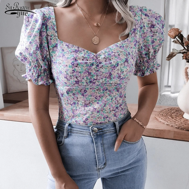 

Sweet Lantern Sleeve Square Neck Shirt 2022 Summer New Fashion Short Sleeve Tops Women Sexy Floral Chiffon Shirt Sweet Tops18620