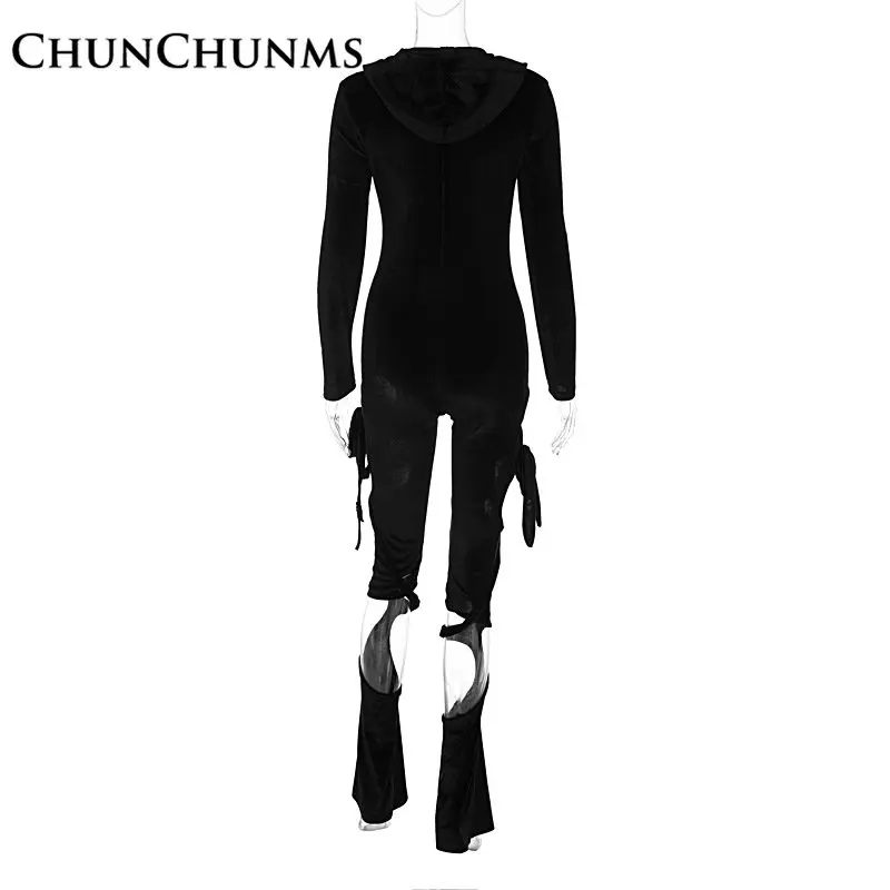 Sexy Black Velvet Lace-up Hollow Out Jumpsuit Hooded Women Slim Lifting Hip Romper Club Party Outfit Tight One Piece Pant 2023