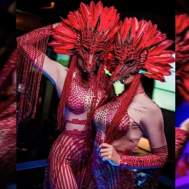 

Red Feather Dragon Headress Sexy women gogo dj ds chinese style monster costume Club Stage Wear