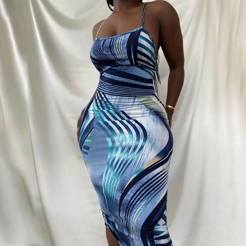 

European And American-Style2021Summer Popular Women's Clothing New Suspender Backless Print Dress Amazon Delivery Foreign Trade