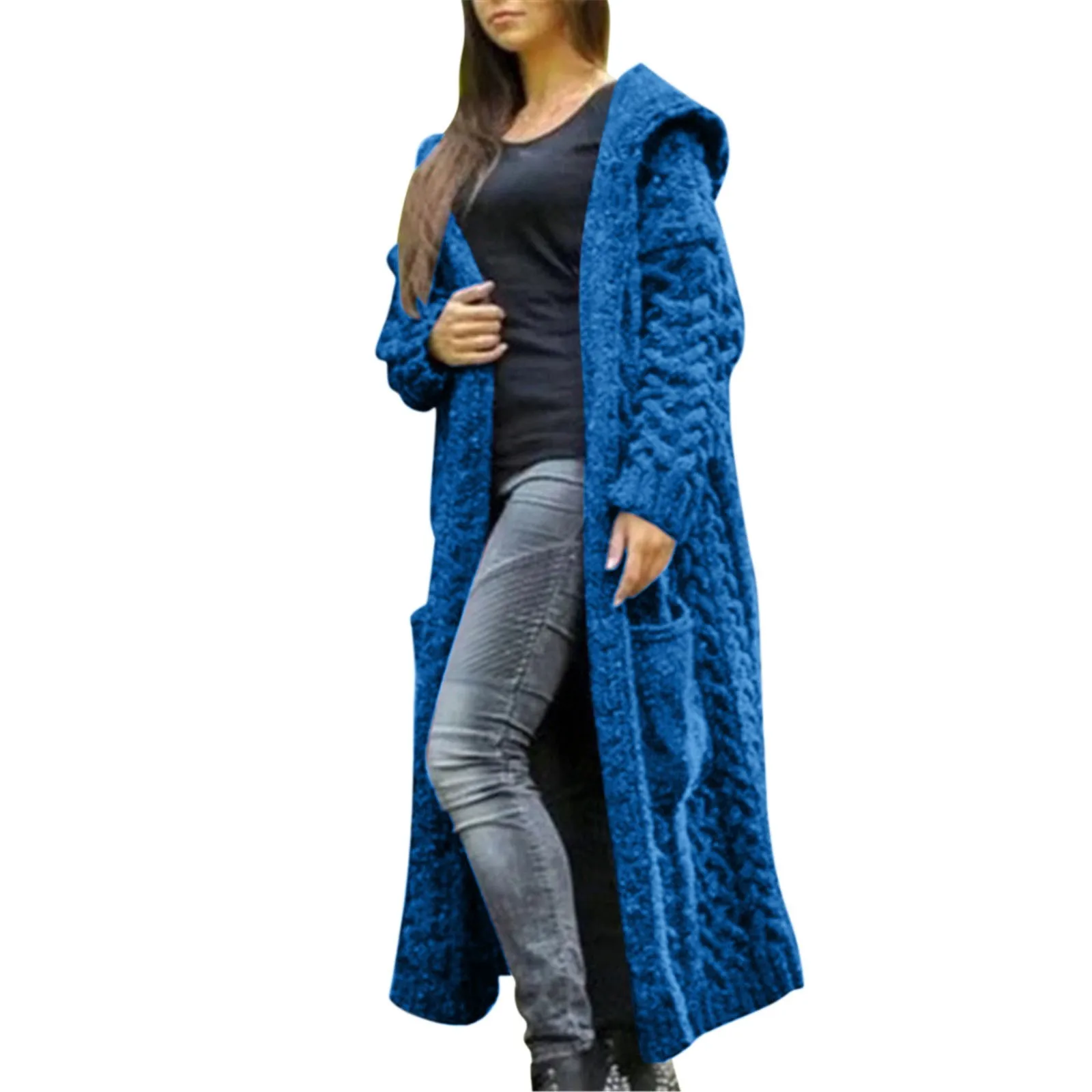 

Women Casual Coat Top Winter Solid Knitted Loose Hooded Coat Long Cardigan Sweater Pocket Coat Winter Warm Lightweight Coat