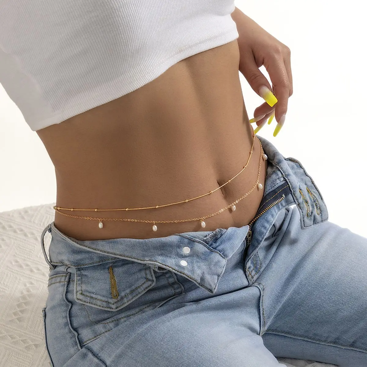 

Women Sexy Bohemian Bead Chain Body Chain Imitation Pearl Metal Belts Girls Waist Chain Bikini Waist Link Belly Chain