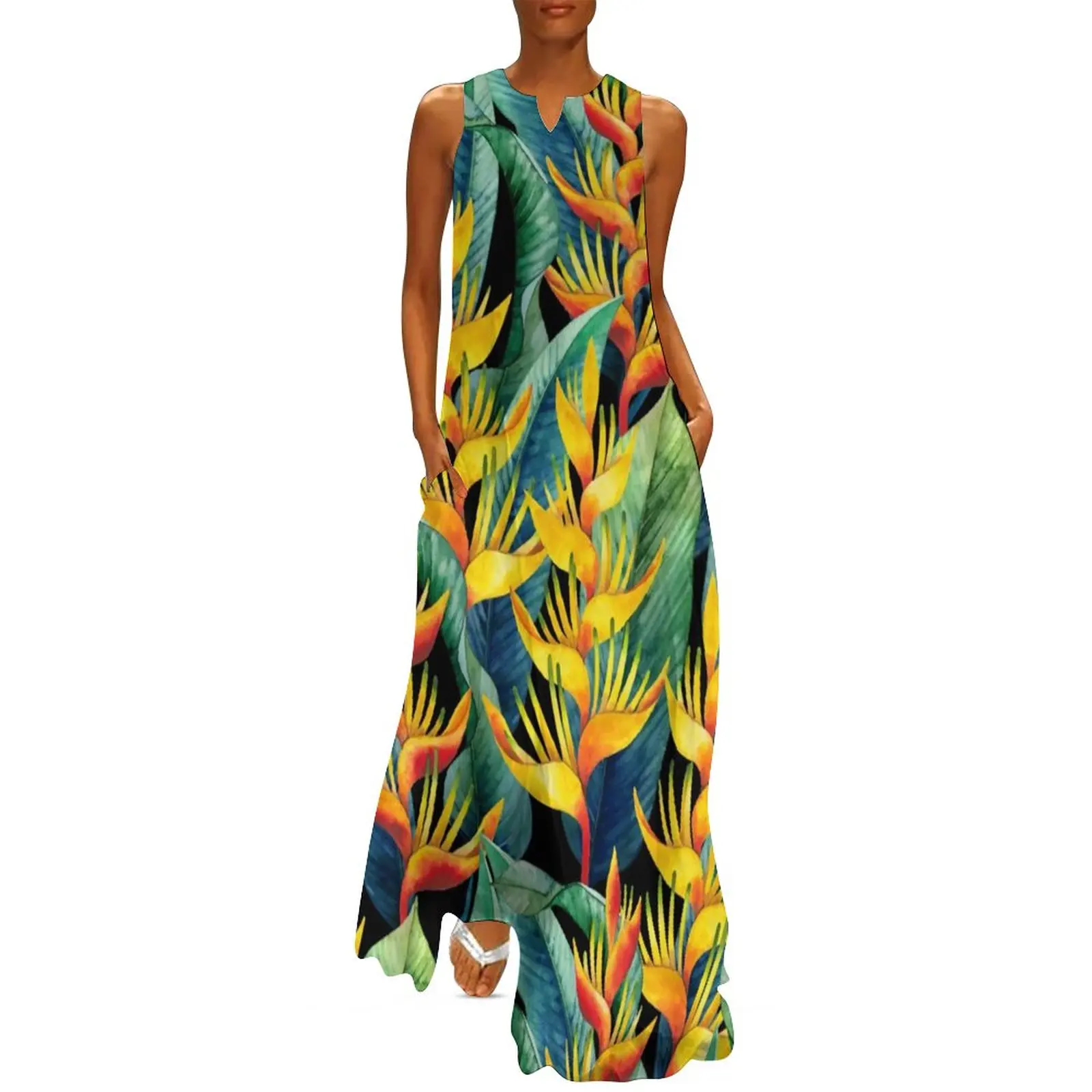 

Tropical Floral Dress Watercolor Heliconia Party Maxi Dress Street Style Bohemia Long Dresses V Neck Pattern Big Size Vestido