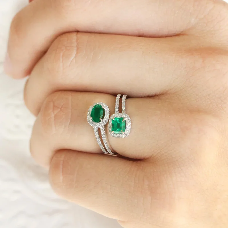 

Lab Grown Colombia Emerald Ring 1.5cts Oval & Emerald Cut 14K 18K White Gold Prong Setting for Women Gift