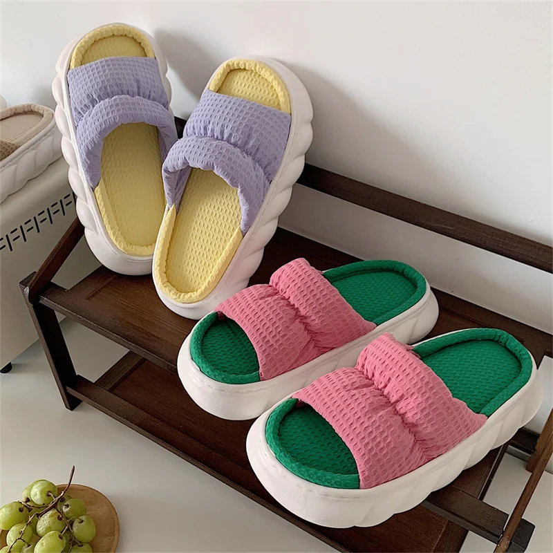 Women Cotton Slippers Breathable Linen Home Floor Shoes Female Male Platform Slides Cute Flower Thick Sole Couples Indoor Slides