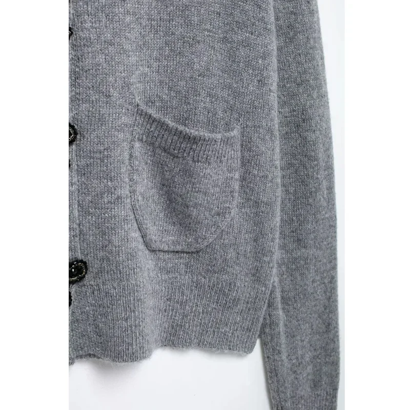 Укороченный женский кардиган TRAF серый вязаный верхняя одежда осенний свитер на