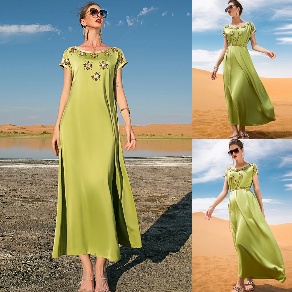 

Vintage Ethnic Maxi Dress Women Satin Abaya Evening Dresses Short Sleeve Diamond Floral Loose Belted Arab Dubai Moroccan Caftan