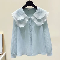 luxury brand big peter pan collar ruffle womens blouse long sleeve cotton casual tops femme 2022 spring summer frill shirt