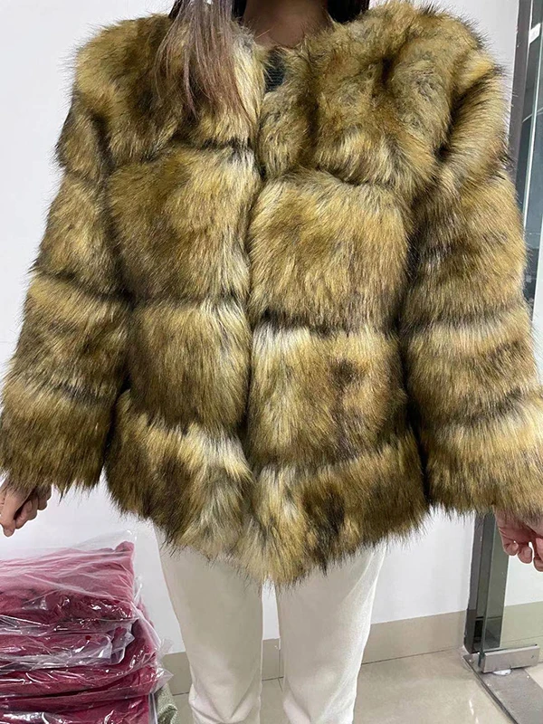 Winter Fake Raccoon Fur Jacket Women Fluffy Faux Fur Coat Brown Thick Warm Outerwear Fashion Overcoat 2023 New Casaco Feminino