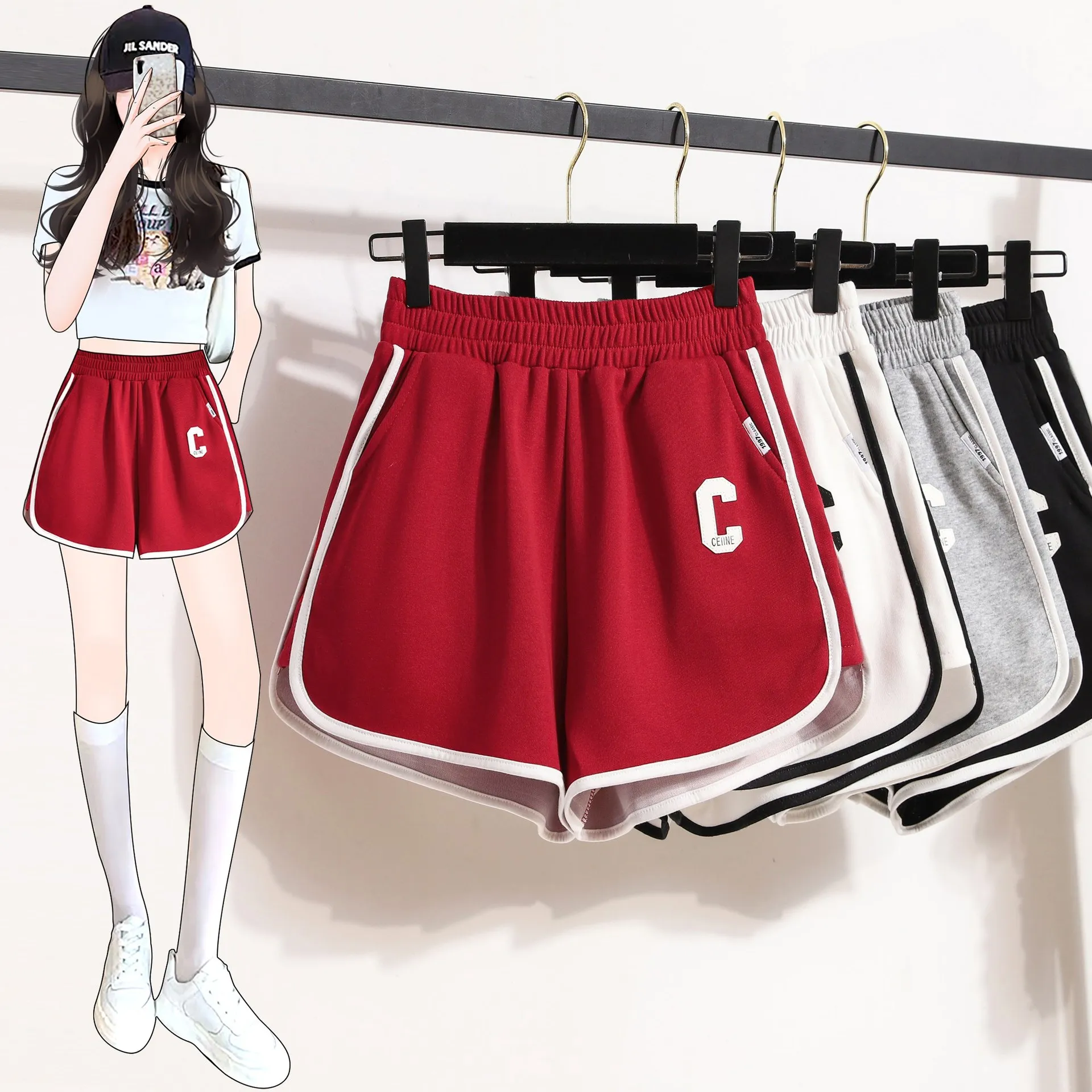 Summer Sport Shorts Women High Waisted Letter Patchwork Casual Sweatshorts Loose Fit Ladies Bottoms Street Fashion Style Shorts