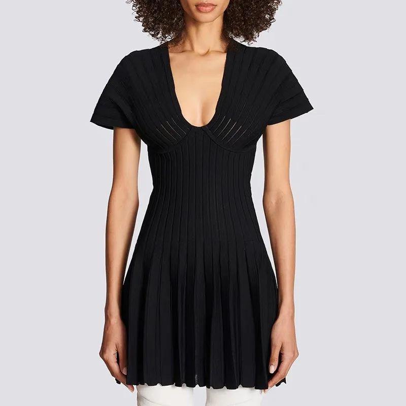 

Новое поступление, Черное женское платье-трапеция с коротким рукавом, V-образным вырезом и молнией, офисное женское Элегантное коктейльное платье