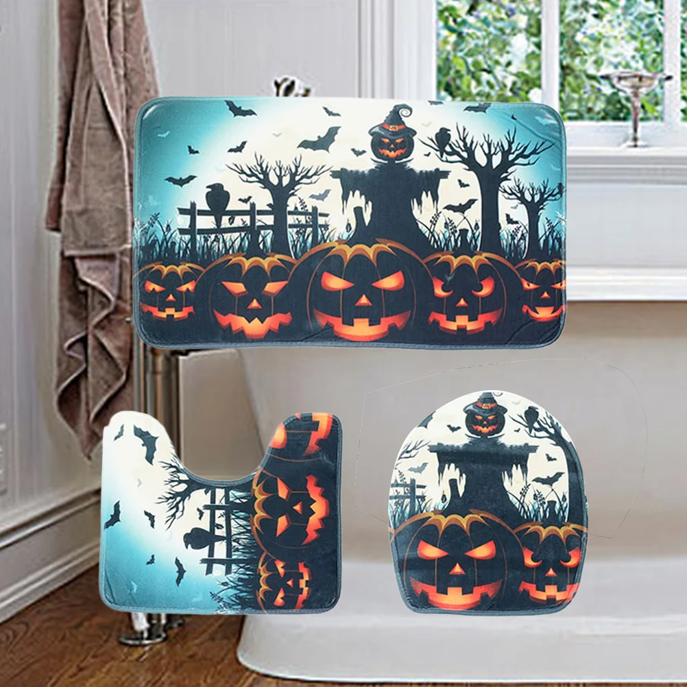 

Toilet Rugcover Set Bathroom Decor Pumpkin Flannel Basemat Rugs Contoured Shaped U Holiday Mats Bath Party