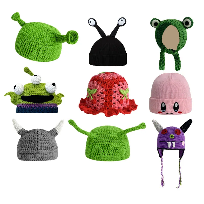 

Funny Anime Hat Green Monster Cosplay Hats Autumn Winter Warm Ear Protection Cap Halloween Props Knitted Beanie Hat
