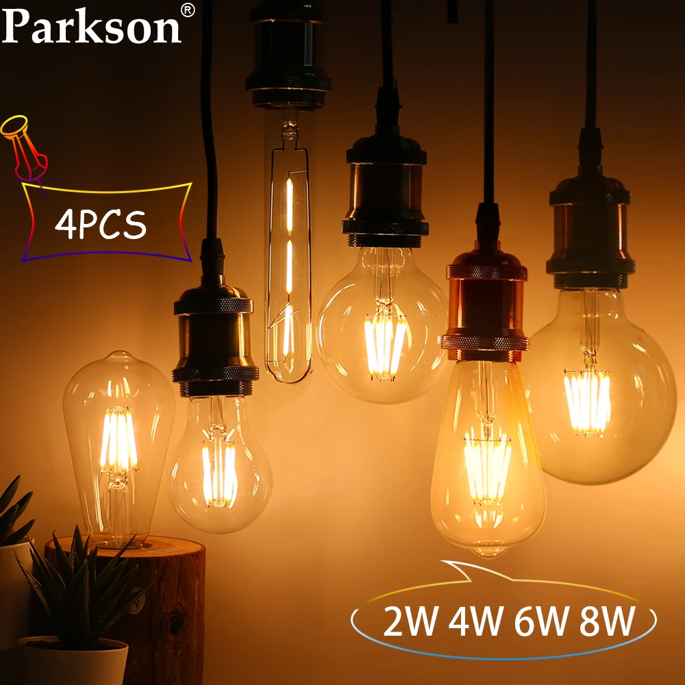

4PCS LED Bulb Edison E27 2W 4W 6W 8W A60 G45 ST64 G80 G95 Vintage Edison Lamp Retro Candle Light Glass Bulb LED Filament Bulb