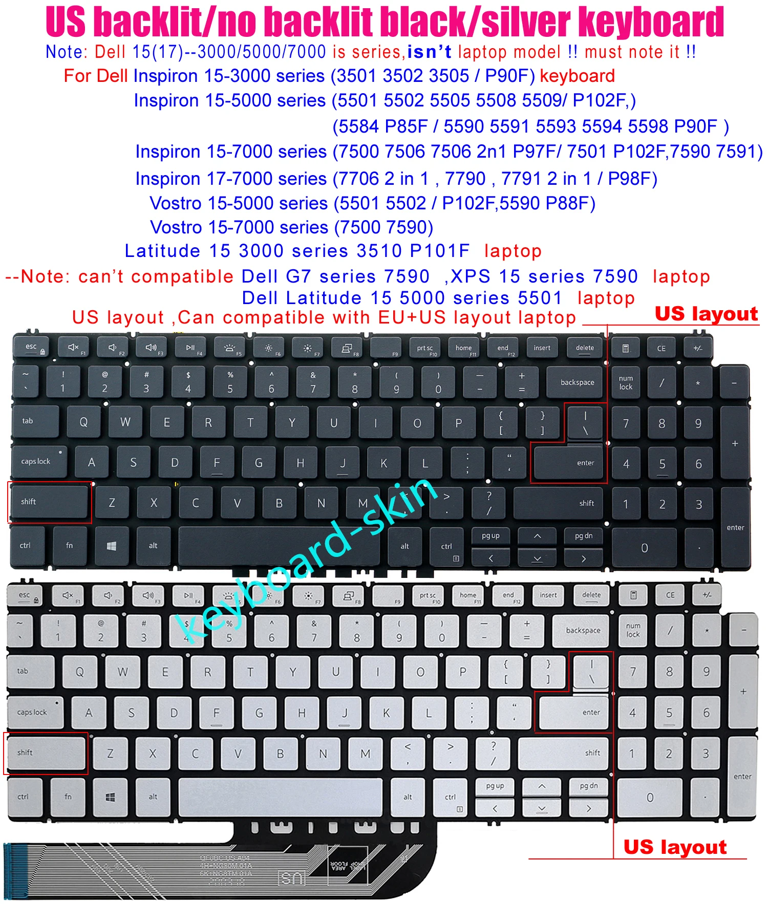 

US Keyboard no-Backlit/Backlit for Dell Inspiron 15-3501 3502 3505 P90F 15-7590 15-7591 5584 5590 5591 5593 5594 5598 P85F P90F
