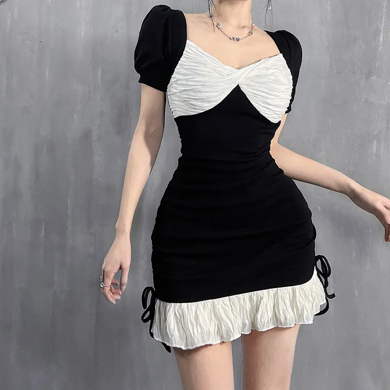 

Vintage Patchwork Puff Sleeve Slim Fit Short Dress Korean Fashion Elegant Lady Mini Dress Skinny Wrap Bodycon Party Night Women