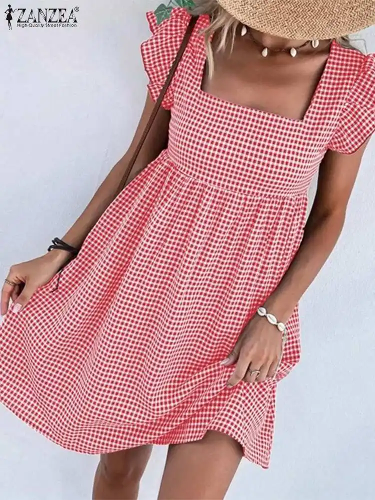 

Elegant Square Neck Mini Dress ZANZEA Fashion Ruffles Sleeve Women Plaid Short Vestidos 2023 Summer Waisted Robe Checked Dresses