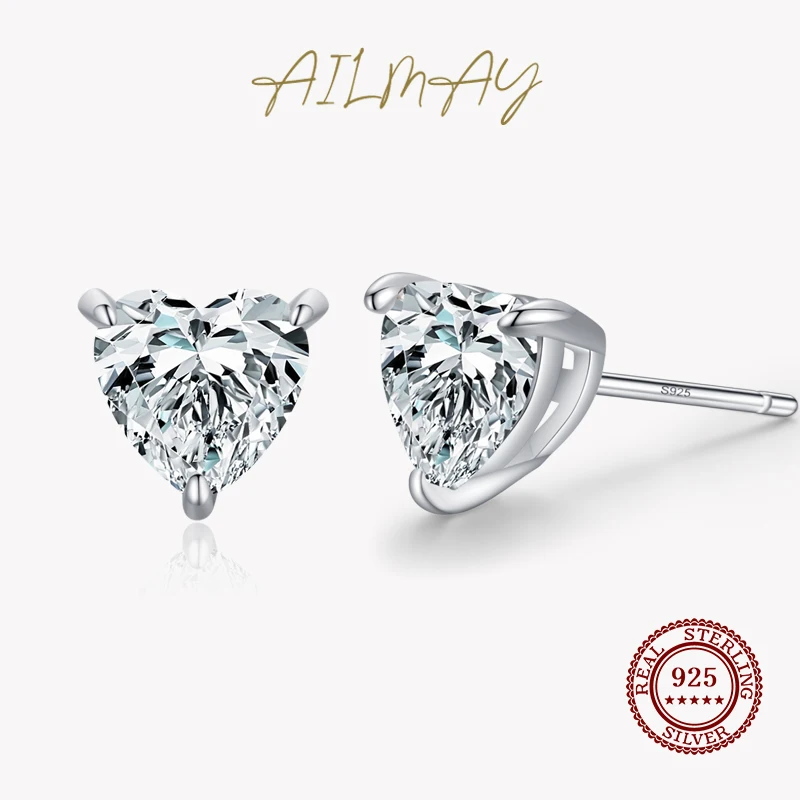 

Ailmay Romantic Heart Dazzling Zircon Stud Earrings Top Quality Real 925 Sterling Silver For Women Luxury Wedding Jewelry
