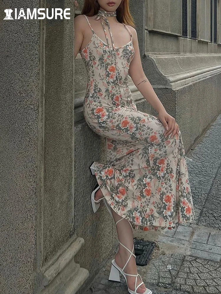 

Винтажное облегающее платье-труба IAMSURE с цветочным рисунком, праздничное сексуальное платье макси без рукавов с воротником-лодочкой для женщин 2023, летние модные женские платья