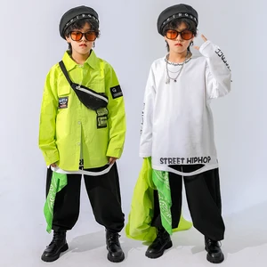 Kids Hip Hop Clothing Boys Street Dance Clothes Fluorescent Green Shirt Black Pants For Girls Jazz Costumes Rave Outfits XS5158