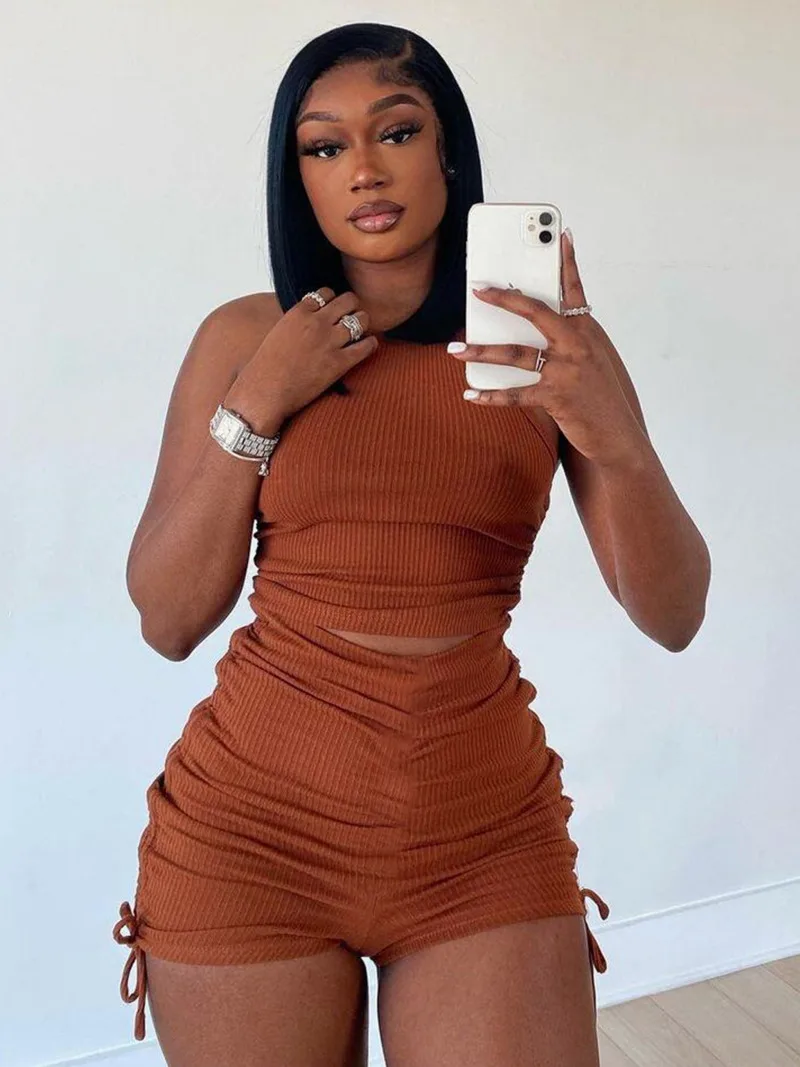 

Solid Ribbed Knitted Shorts Sets Sexy Round Neck Sleeveless Shorts Womens Two Peice Sets Drawstring Summer Slim Streetwear