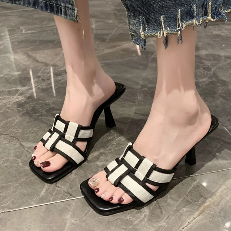 

Weave Design Women Slippers Open Toe Summer Dress Shoes Thin High Heels Slides Slippers Party Pumps Wedding Black White 35-42