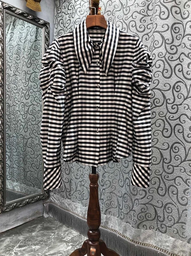 

2023 new women fashion bubble long sleeve sexy striped court style simple exquisite top shirt 0108