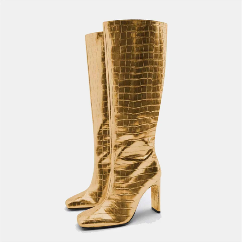 Brand Women's Boots Gold Silver Boots Thick Heel Square Head Fashion Sexy Women's Over Knee Boots Crocodile Pattern Sleeve Shoes